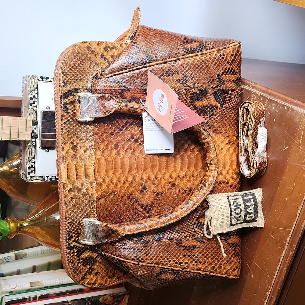 Grand Pelle Genuine Indonesian Python Satchel w/ Crossbody Strap, Natural Brown